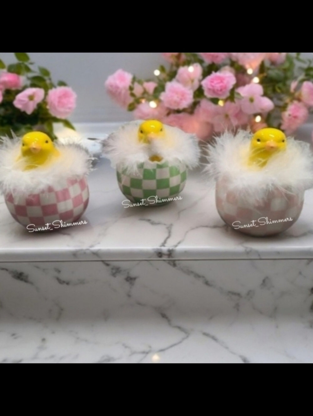 3pc MacKenzie Style Courtly Check Ceramic Easter Egg Chicks Tier Tray Decor Set